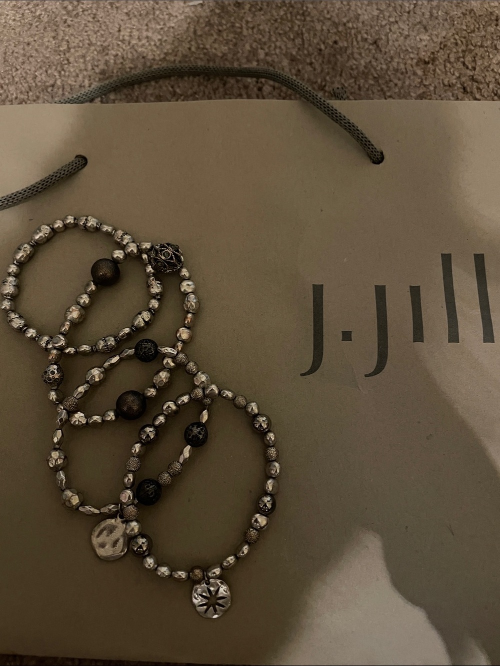 J. Jill Silver and Gunmetal Beaded Charm Bracelet Set